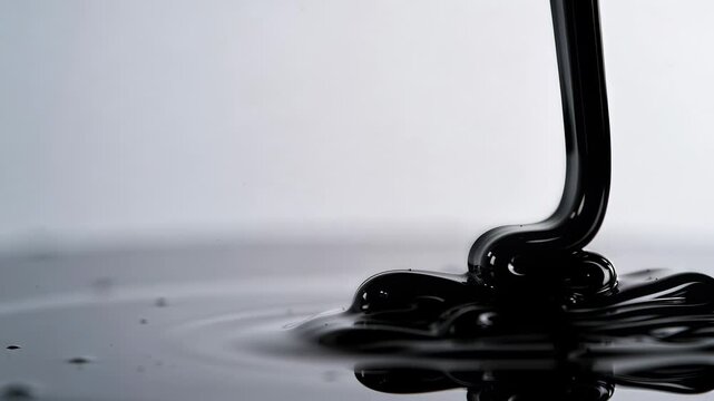 Thick black viscous liquid resembling crude oil or fuel pouring slowly, forming glossy folds on a light background.