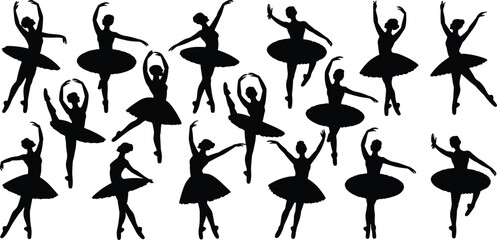 Collection of black ballerina silhouettes in various dance poses on white Keywords: ballerina, silhouette, dancer, ballet, dance © Ariful