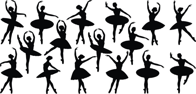 Collection of black ballerina silhouettes in various dance poses on white Keywords: ballerina, silhouette, dancer, ballet, dance