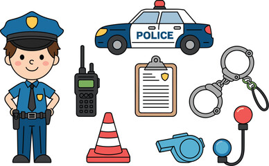 Cute police officer cartoon set with patrol car handcuffs radio whistle and traffic cone in colorful children friendly illustration style © Masum
