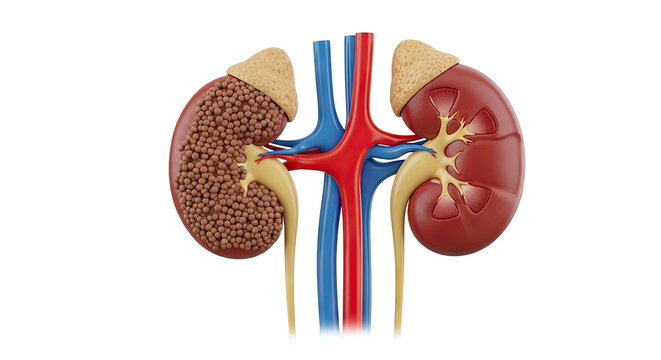 Cross-section of human kidneys showing kidney stones and healthy anatomy