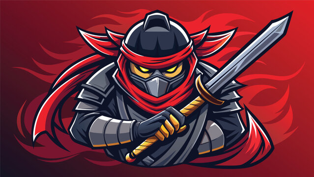 Ninja character holding a sword with a red background while wearing a black mask and a red headband