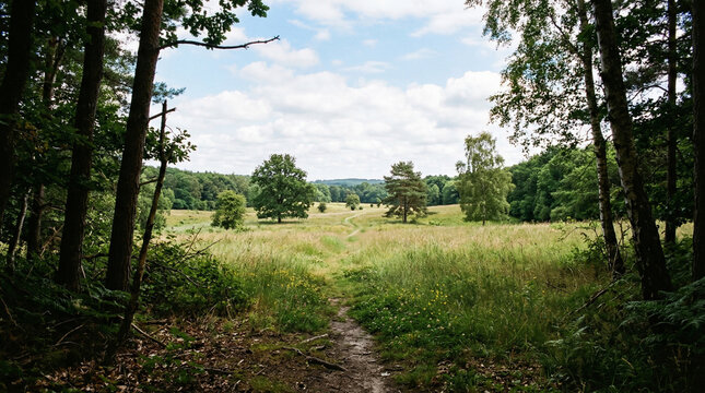 first person perspective entering an open clearing in the forest, wide space with grass and scattered trees, bright sky above, natural light, minimal composition