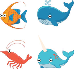 Colorful cartoon sea animals illustration featuring fish whale shrimp and narwhal in playful cute ocean themed vector design style artwork © Masum