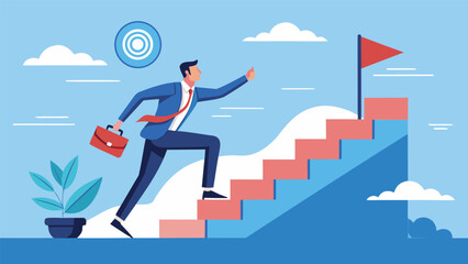 Obraz premium Business person climbs stairs to reach goal with briefcase in hand on a clear blue day