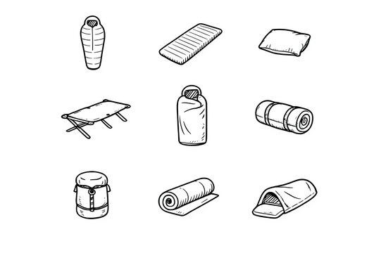 Set of hand-drawn camping sleeping equipment icons including sleeping bags, pads, and mats in a doodle style on black background.