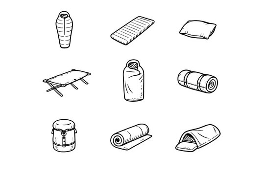 Collection of hand-drawn camping sleeping equipment icons including sleeping bags, mats, and cots in line art style on a black background.