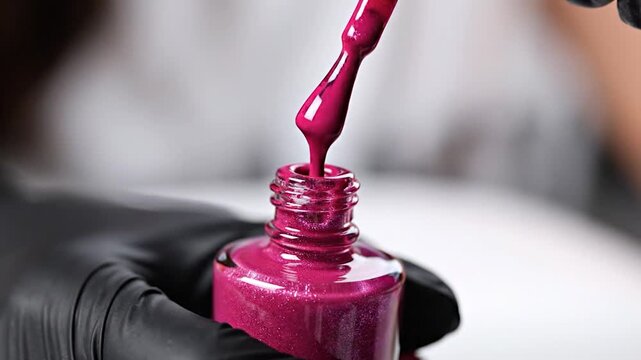 A gloved hand carefully opens a bottle of shimmering pink nail polish, revealing the applicator brush dipped in the vibrant color