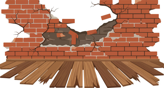 Broken brick wall with damaged wooden floor, illustration of destruction and decay