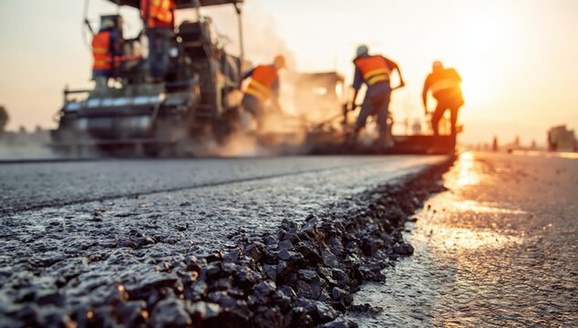 Road construction workers paving asphalt at sunset, using heavy machinery and tools for a smooth, newly laid roadway surface.