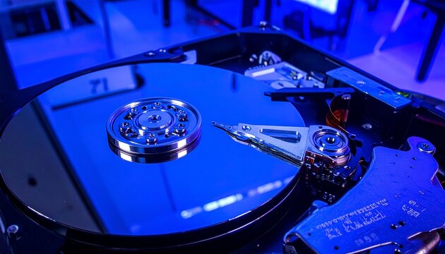 "Opened hard disk drive showing platter, actuator arm, and ribbon cable, symbolizing digital data storage and mechanical precision."