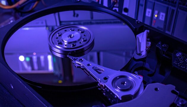 "Opened hard disk drive showing platter, actuator arm, and ribbon cable, symbolizing digital data storage and mechanical precision."