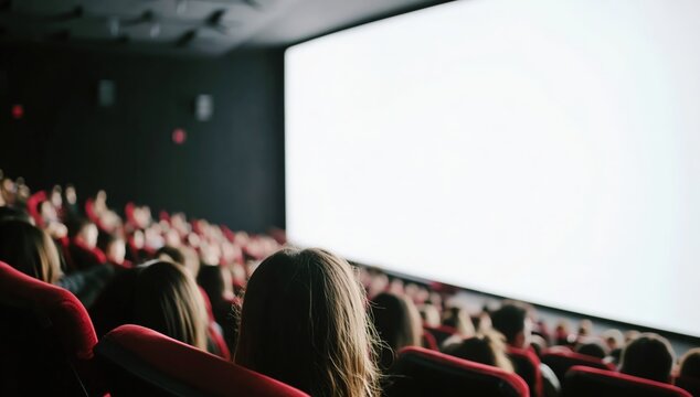 Audience watching a movie in a dark cinema with a bright, blank screen.