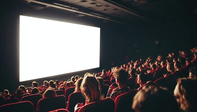 A crowded movie theater with an audience watching a bright, blank screen in a dark room filled with red seats.