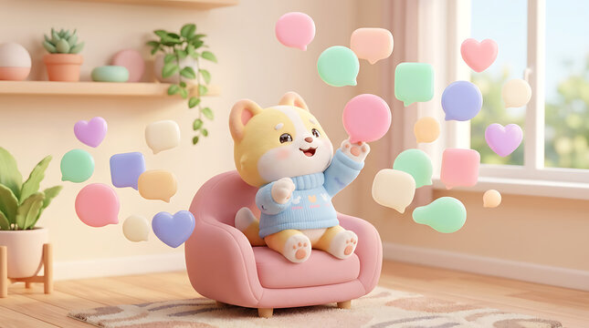 Cute corgi plush toy sitting on a pink sofa indoors