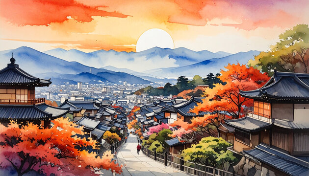 鮮やかな水彩の滲みが美しい日本の伝統的な街並み 観光イメージ