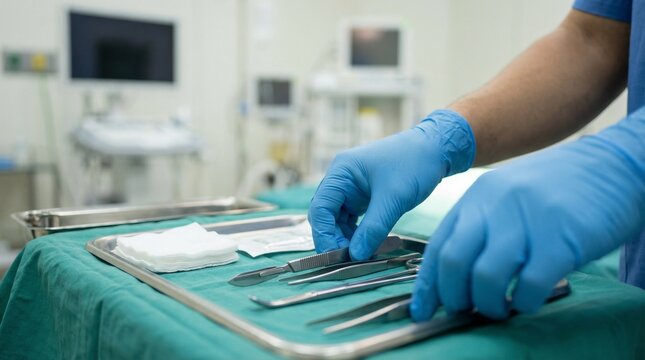 Medical professional in blue gloves arranging sterile surgical instruments on a tray.