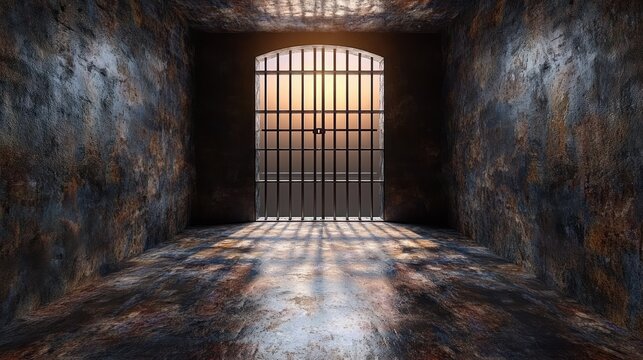 Rusty, dark cell with barred window. Sunlight streams through