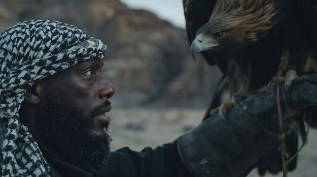 Man in keffiyeh with golden eagle in desert landscape, falconry tradition