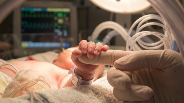 Tiny newborn hand grasps adult finger in hospital.