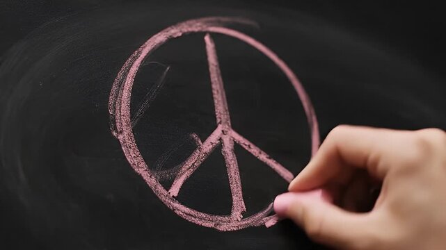 Hand drawing a pink peace sign on black chalkboard