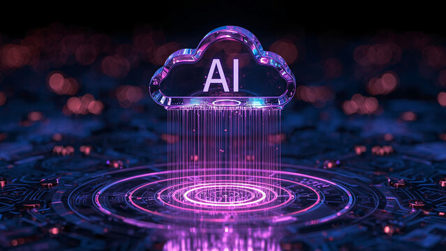 Cloud and edge computing technology data transfer concept. A large cloud icon is in the center, Ai Brain Cloud Big data, network, Science and futuristic ai cloud background concept.