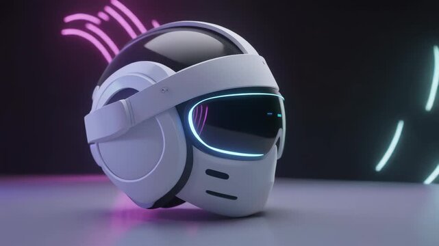 3D close-up side view of a white augmented reality helmet displayed for advertisement. The h 