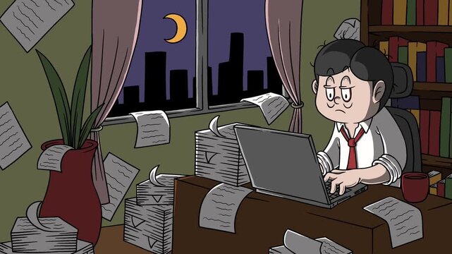 Busy Office Worker Working Late at Night Loop Animation