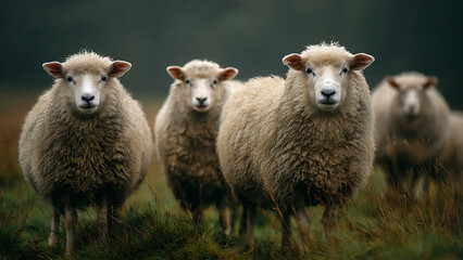 Fototapeta premium Four sheep standing in a field looking at the camera with a blurred background of trees and grass