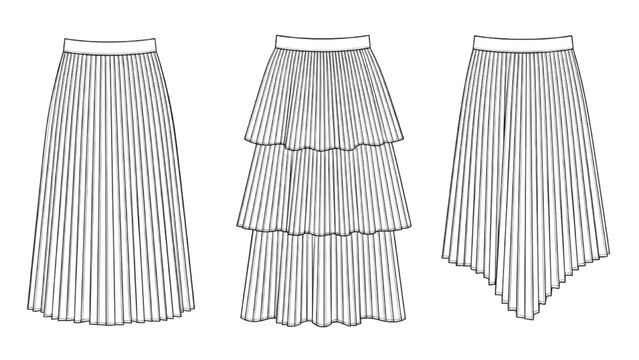 Vector CAD design style skirts in pleated fashion with three different cuts
