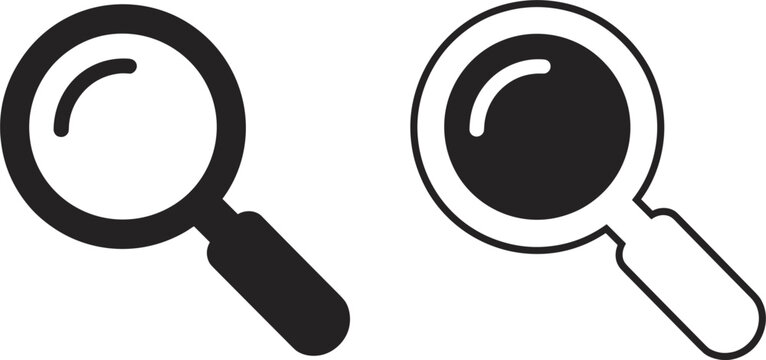 Magnifying glass icon set in solid and outline styles representing search zoom and inspection in minimal modern vector design