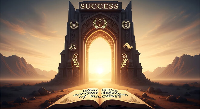 Inspirational Landscape with Success Arch and Life Definitions Book