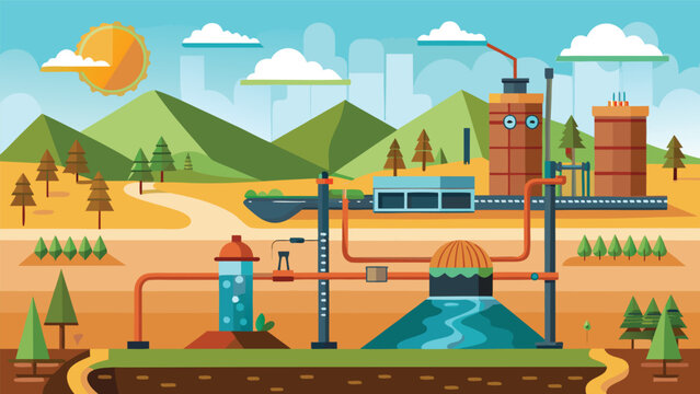 Overview of a factory setup with pipes and water flow in a landscape with mountains and a bright sun in a cartoon style