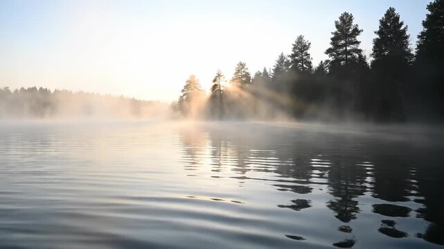 Misty lake at sunrise with sunlight breaking through trees, creating reflections on water surface and fog hovering above, showcasing serene natural beauty in a tranquil setting