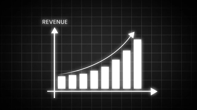 Growing bar chart with upward arrow and revenue indicator on dark grid background, representing business growth, financial success, analytics and increasing performance trends