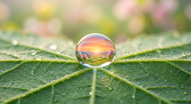 Macro Dewdrop on Green Leaf Refracting Spring Landscape