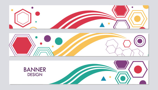 Colorful Geometric Abstract Banner Set with Modern Hexagon Shapes and Creative Line Elements for Web and Print Design