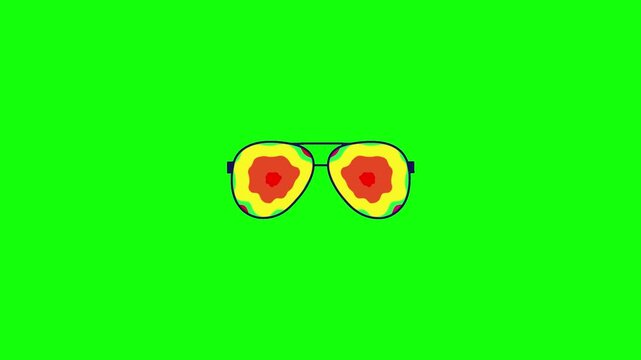 Animated 2D sunglasses with lenses changing colors rapidly from solid blue to psychedelic rainbow patterns, flat vector style, green screen background.