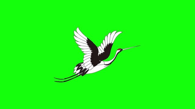 Animated 2D vector illustration of a red-crowned crane flying, wings flapping slowly and gracefully, isolated on green screen background.