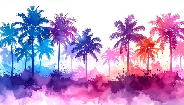 colorful watercolor silhouette of palm trees in a vibrant tropical landscape with ink splashes and artistic background. abstract watercolor background with colorful palms on white