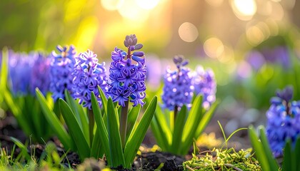 Obraz premium field of blooming purple hyacinth flowers in a sunny garden with shallow depth of field and warm sunlight