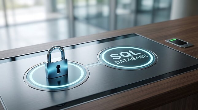 Padlock connected to digital SQL database icon on interactive display screen. Cyber security concept for data protection and information safety. Innovative technology for server firewall.