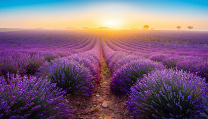 Obraz premium Vast purple lavender field in symmetrical rows converging at golden sunrise horizon with misty trees
