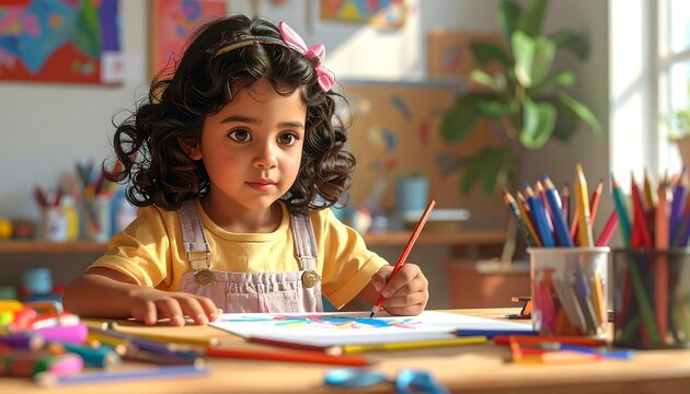 A young girl with curly hair coloring at a desk