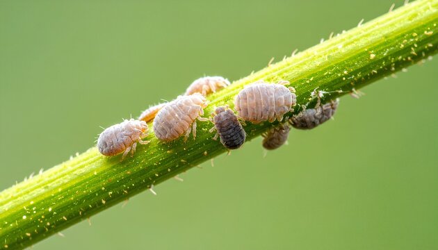 macro photography of white mealybugs or scale insects infesting a green plant stem