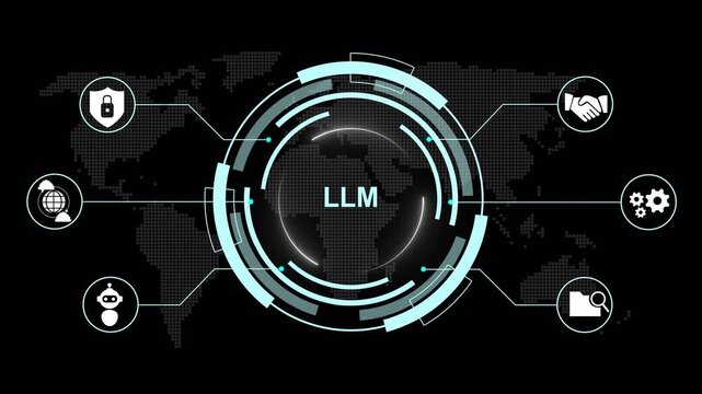 Central circular hub labeled LLM connected by lines to surrounding hexagonal representing data analysis security and teamwork