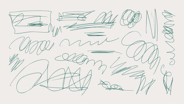 Messy Pen Scratch. Abstract Hand-Drawn Green Pen Ball Scribbles. Vector Set Loose Sketchy Lines, Loops, Swirls, Chaotic Doodles, Playful Texture for Grunge Designs, Collage, Note, Scrapbook.