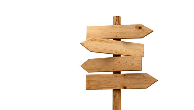 wooden directional signpost with four blank arrows pointing in different directions. blank wooden direction sign