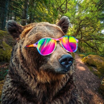 A bear wearing vibrant retro reflective sunglasses in a sharp, detailed old-growth forest with ancient pine trees, mossy rocks, and a dirt path in dappled natural sunlight.