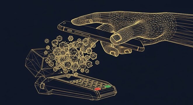 A digital illustration of a hand holding a smartphone with cryptocurrency coins spilling out into a wallet
